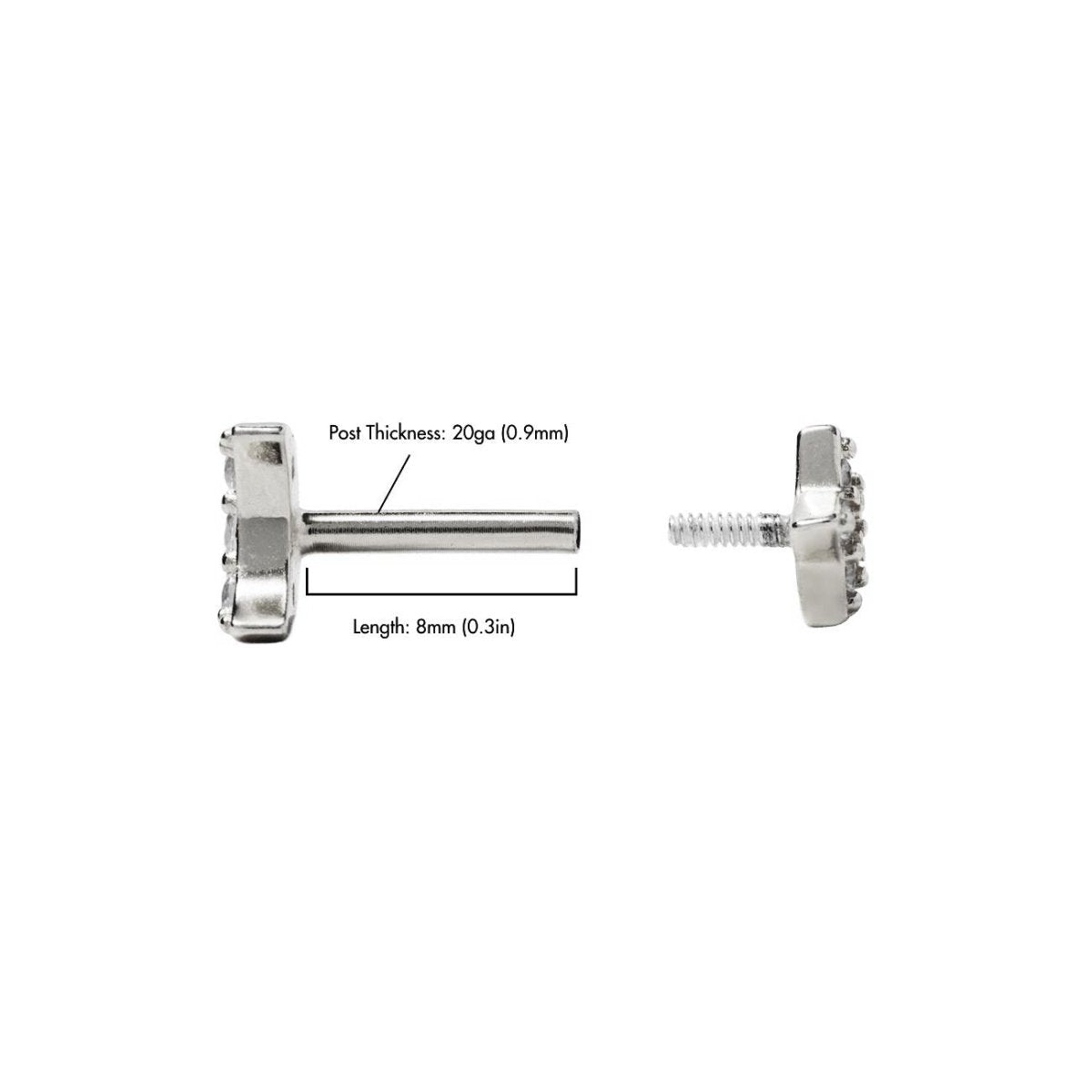 Sterling silver flat back stud size guide, 8mm post and 20ga thickness, on a white background