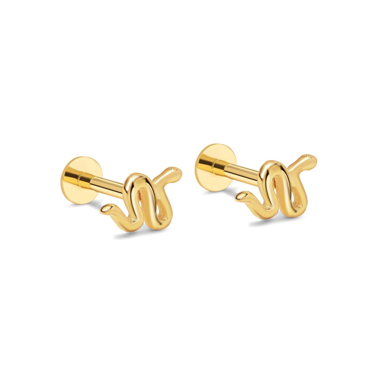 Pair of gold vermeil serpent flat back studs with flat labret posts, on a white background