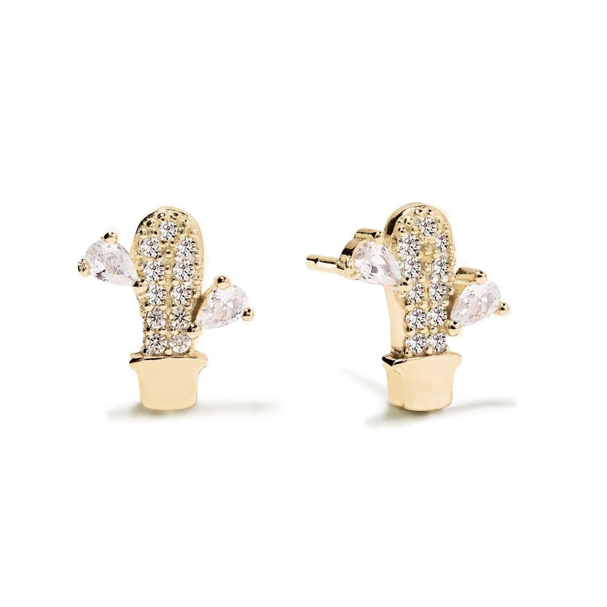 Pair of gold vermeil pavé cactus stud earrings with clear crystals, front view on a white background