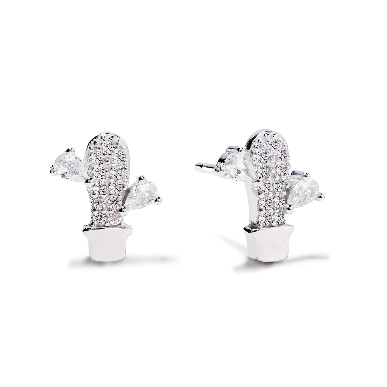Pair of sterling silver pavé cactus stud earrings with clear crystals, front view on a white background