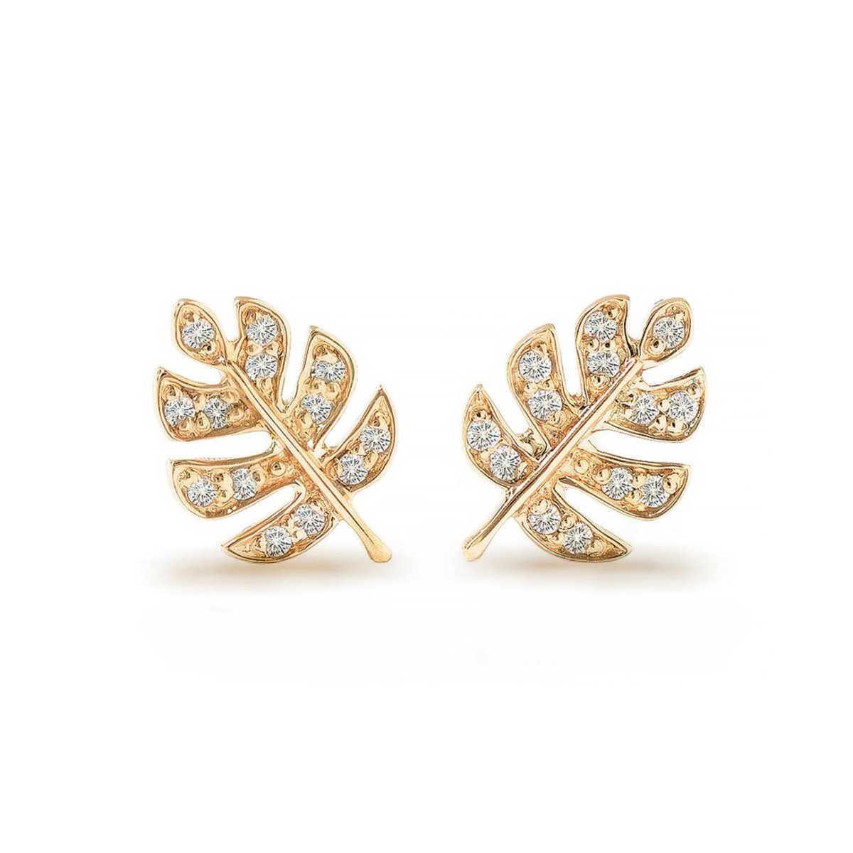 Gold vermeil monstera leaf stud earrings with clear pave stones, on a white background