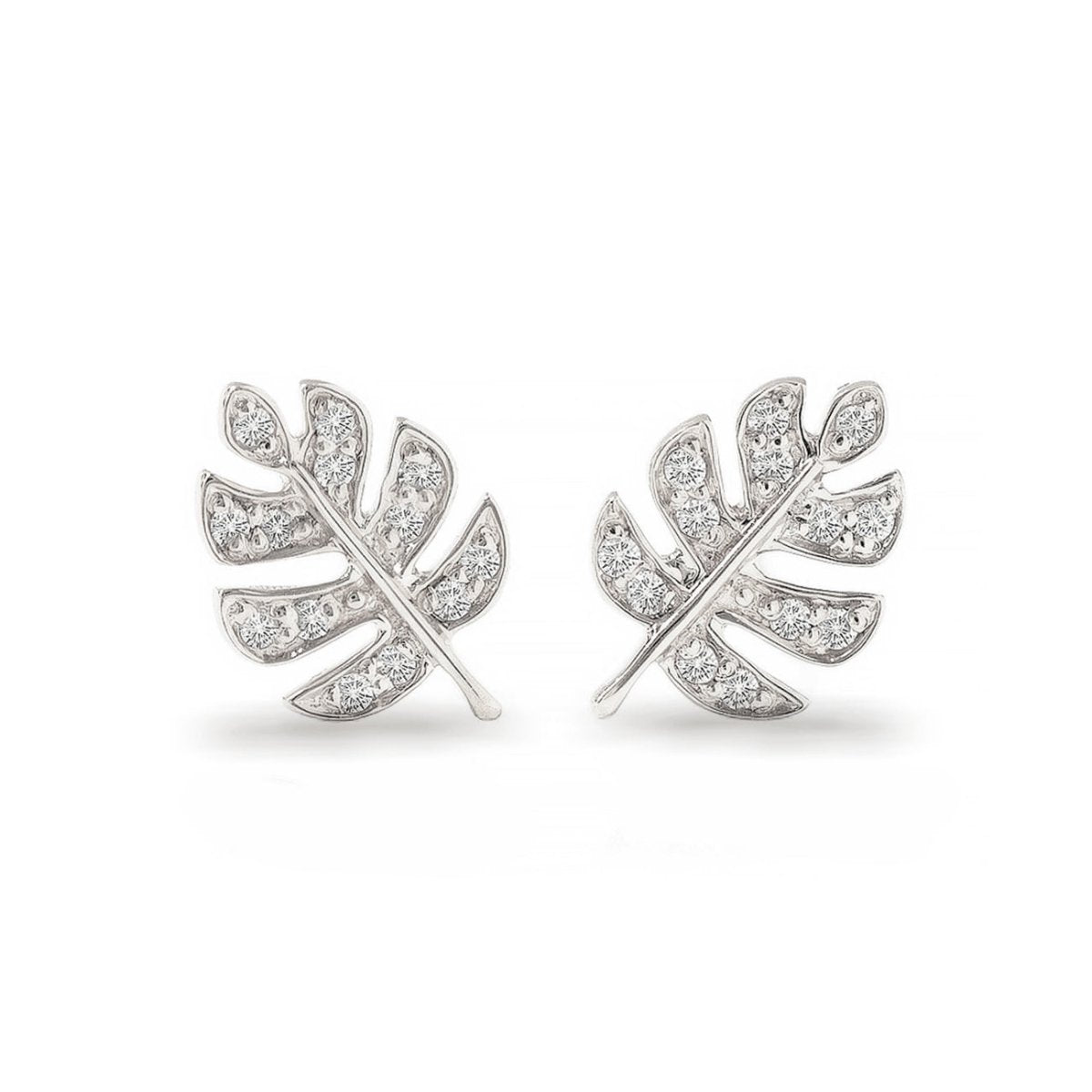 Sterling silver monstera leaf stud earrings with clear pave stones, on a cream background