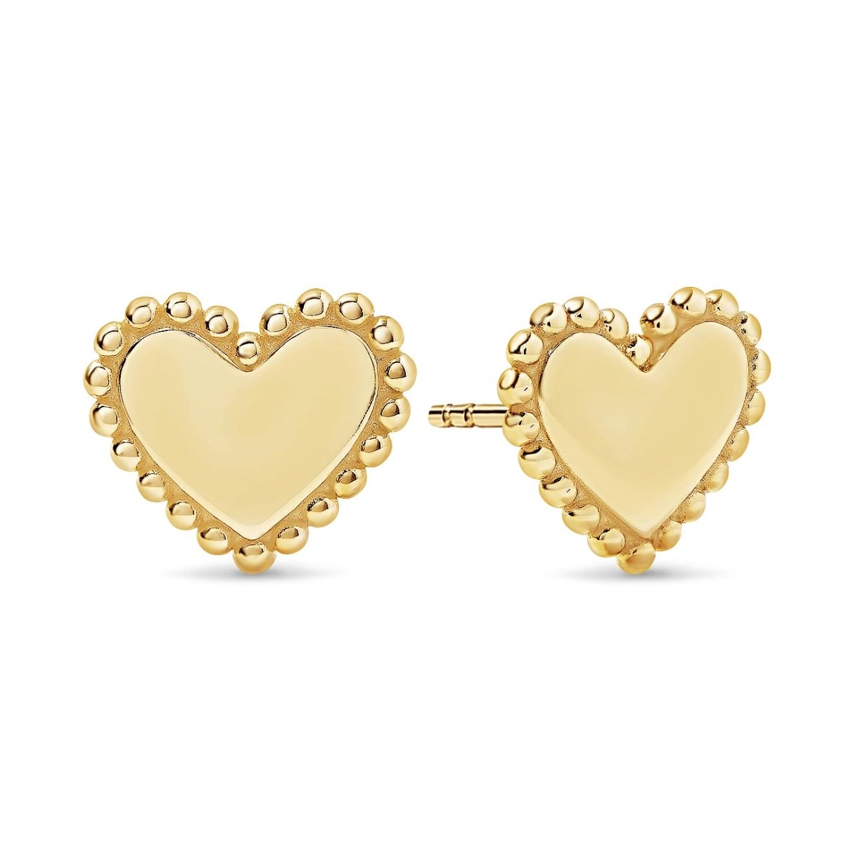 Pair of gold vermeil heart studs with a beaded border, on a white background