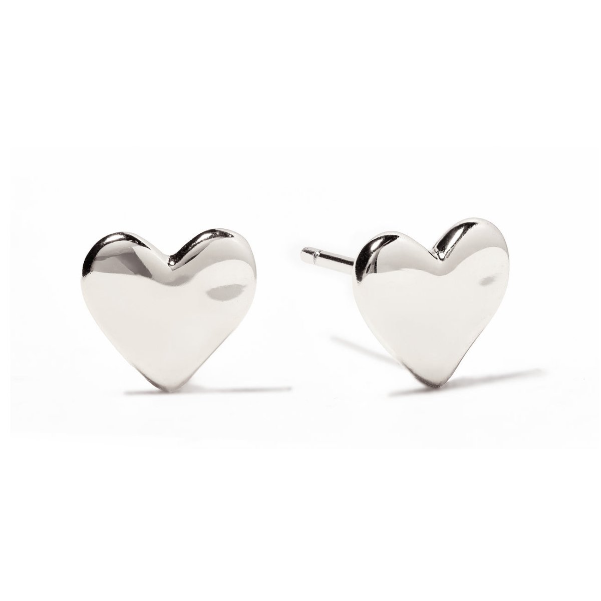 Sterling silver heart stud earrings with a flat polished surface and post backs, on a white background
