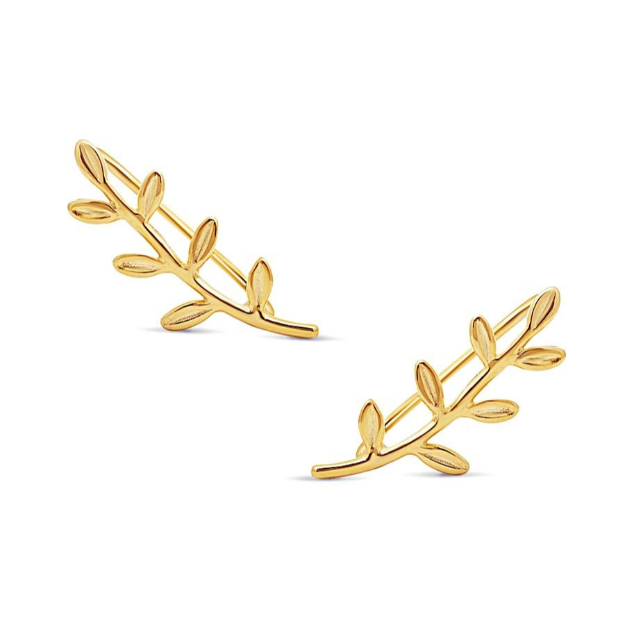 Gold vermeil leaf-and-vine ear climber earrings, pair on a white background