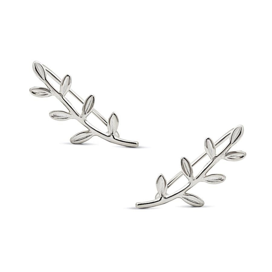 Sterling silver leaf-and-vine ear climber earrings, pair on a white background