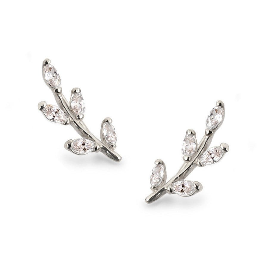 Pair of sterling silver ear climbers shaped like leafy vines set with marquise zirconia, on a white background
