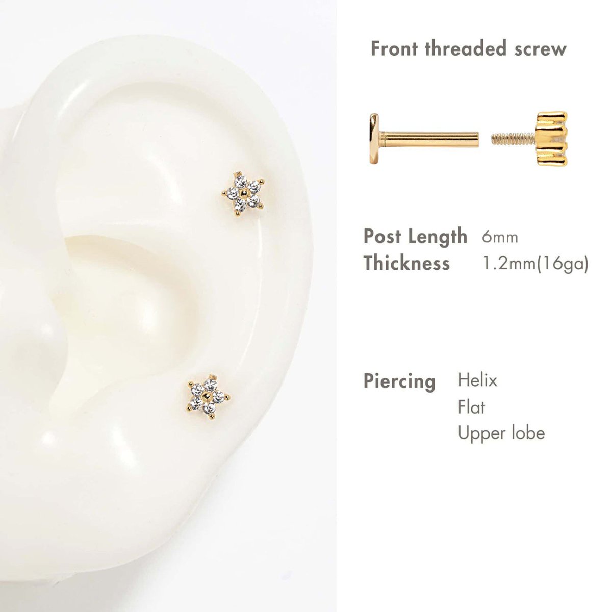 Pair of gold vermeil flower flat back studs with clear white zirconia, close-up detail on a white background