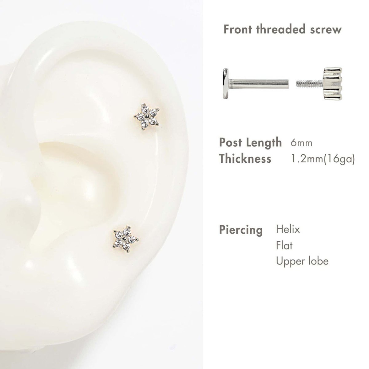 Sterling silver flower flat back stud sizing and helix placement guide shown on a silicone ear