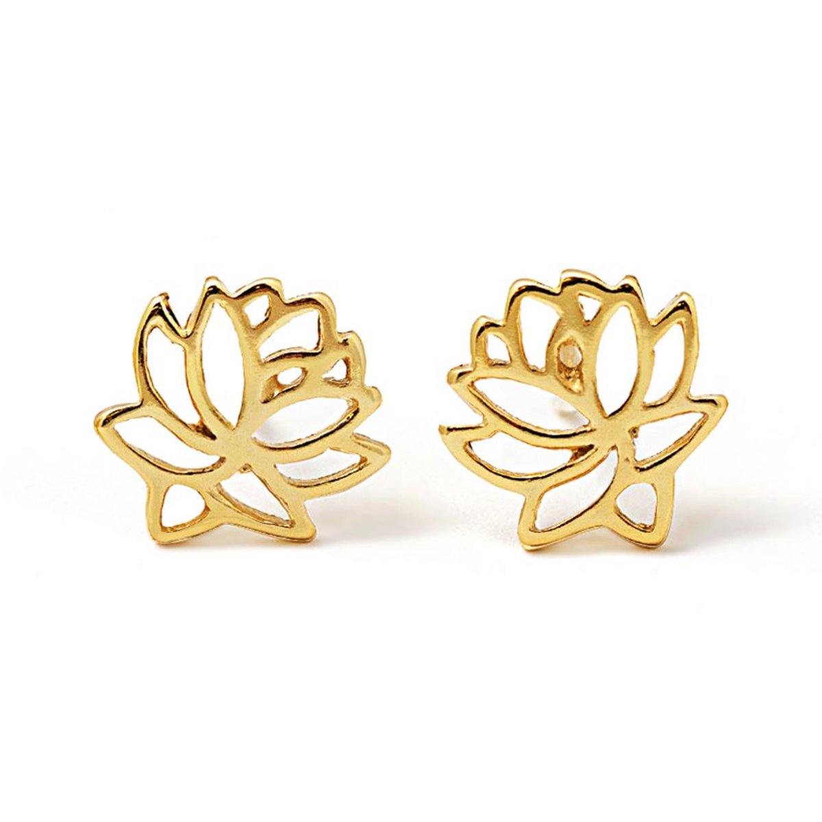 Gold vermeil openwork lotus flower stud earrings, pair shown on a white background