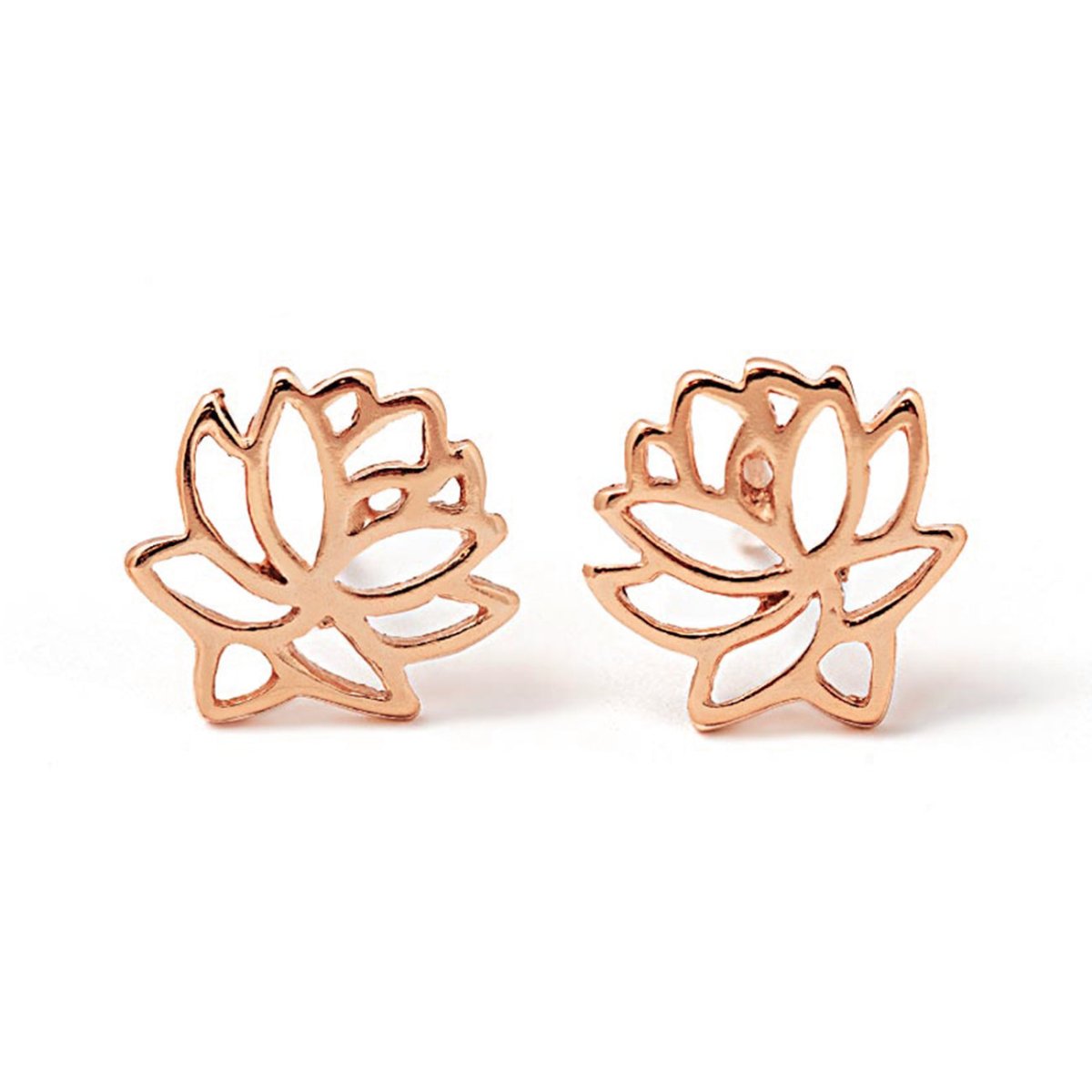 Rose gold vermeil openwork lotus flower stud earrings, pair on a white background