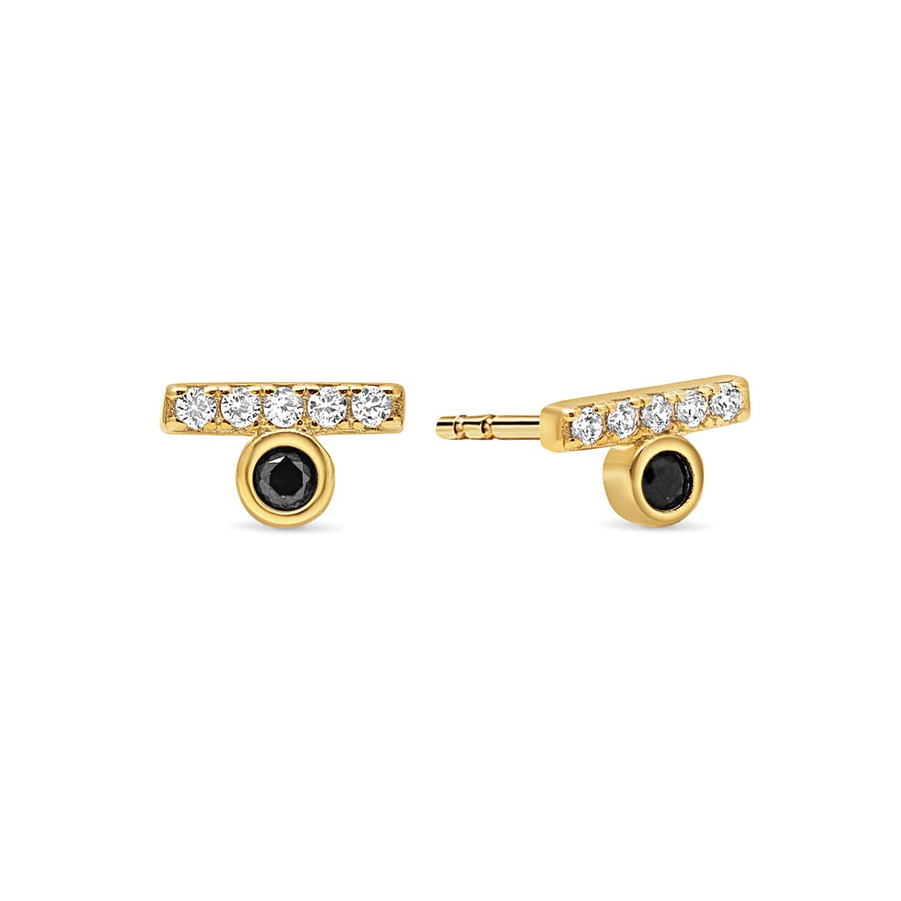 Gold vermeil bar studs with clear pave stones and a bezel-set black onyx, on a white background