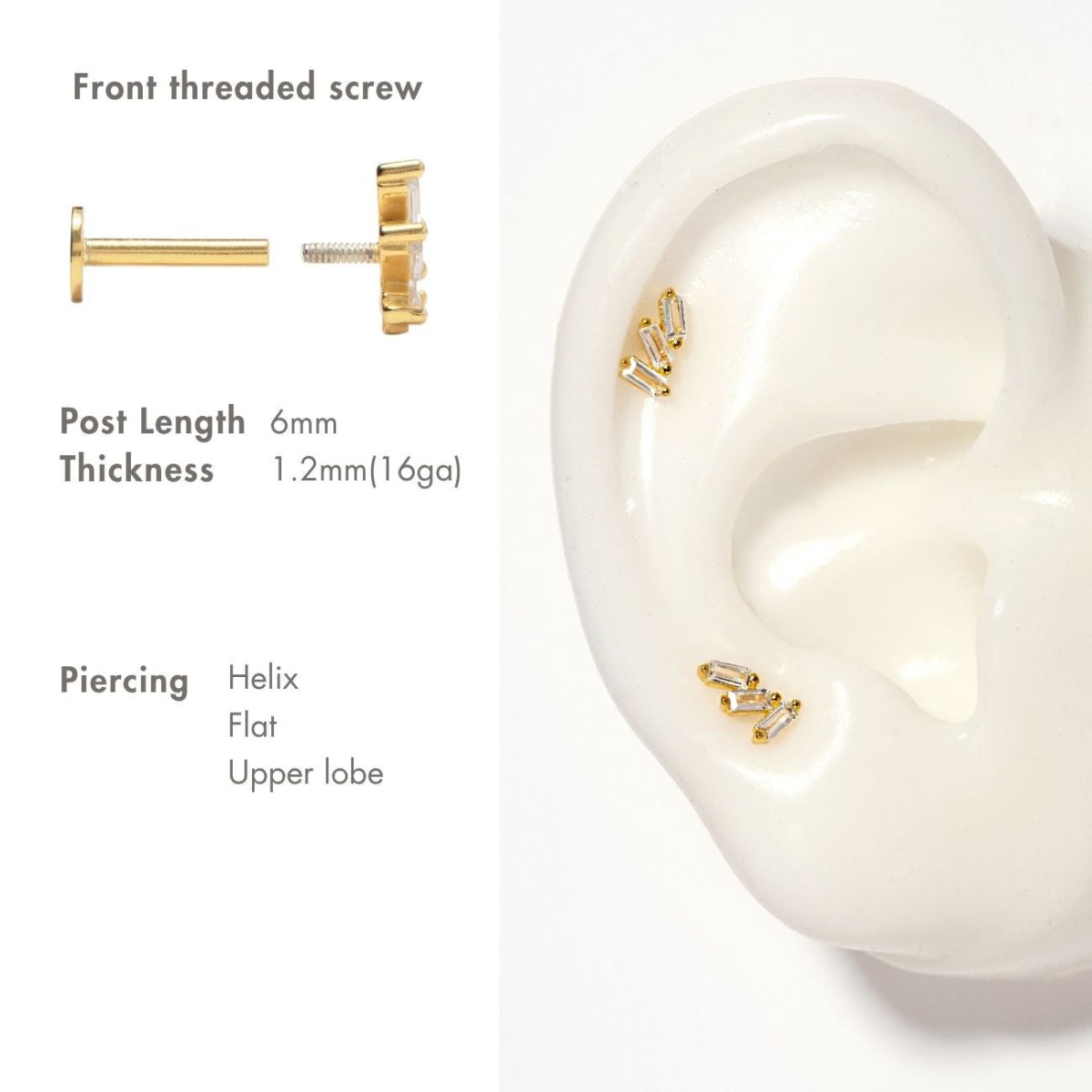 Gold vermeil three-baguette flat back stud sizing and helix placement guide on a model ear