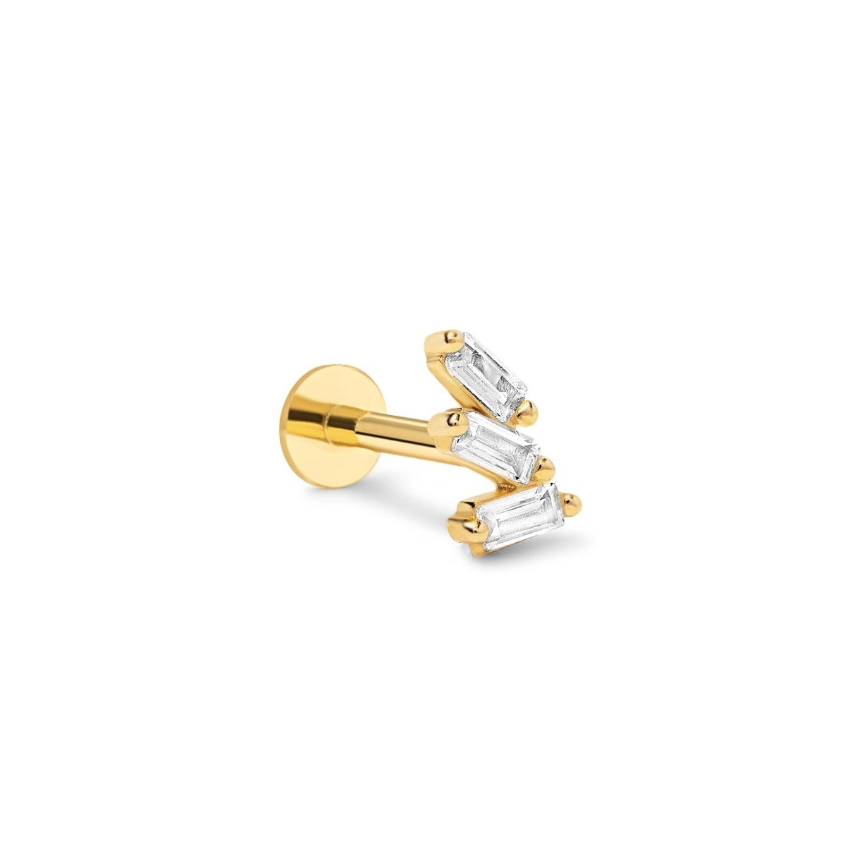 Gold vermeil flat back stud with three clear baguette stones, on a white background
