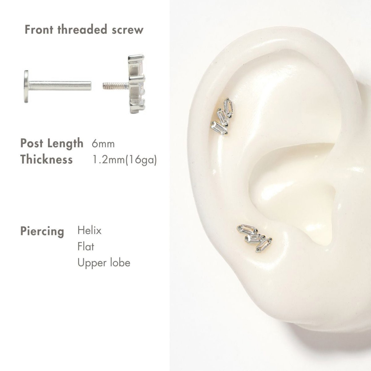 Sterling silver three-baguette flat back stud sizing and helix placement guide on a model ear