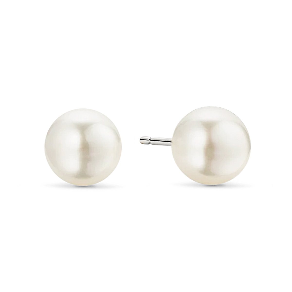 Sterling silver pearl stud earrings with round white pearls, on a white background