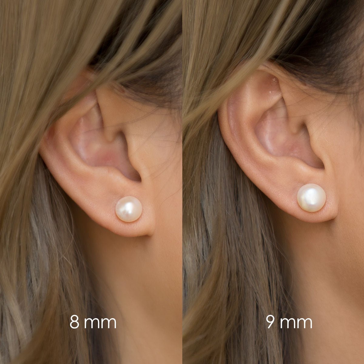 Sterling silver pearl studs shown on a model's lobe, size comparison, 8mm and 9mm