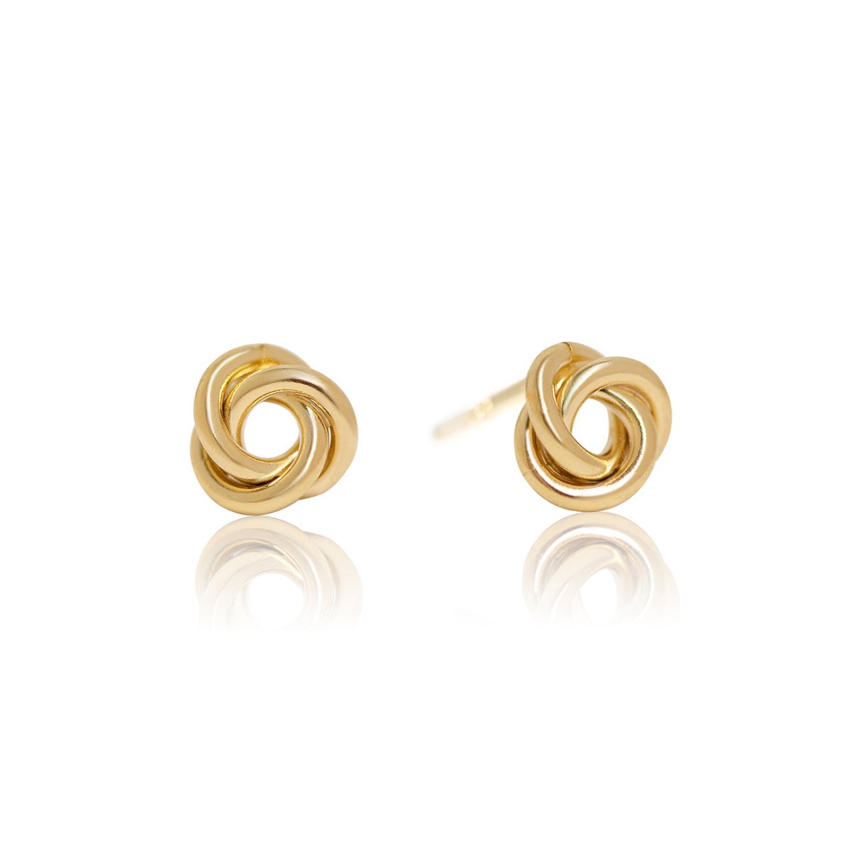 Gold-filled mini knot stud earrings with a twisted love-knot design, on a white background
