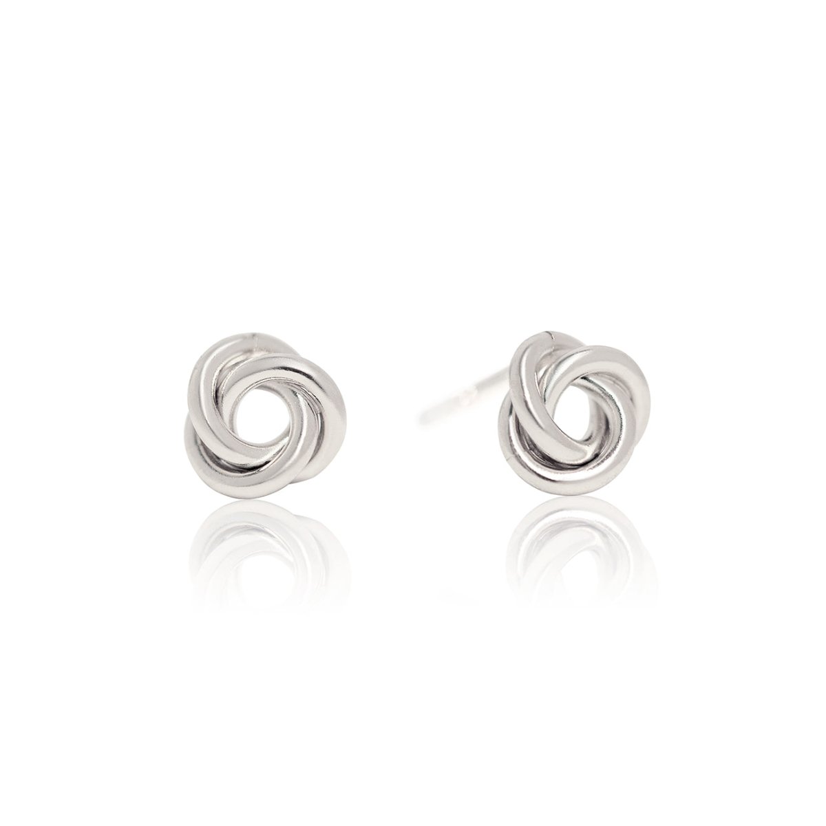 Sterling silver mini knot stud earrings with a twisted love-knot design, on a white background