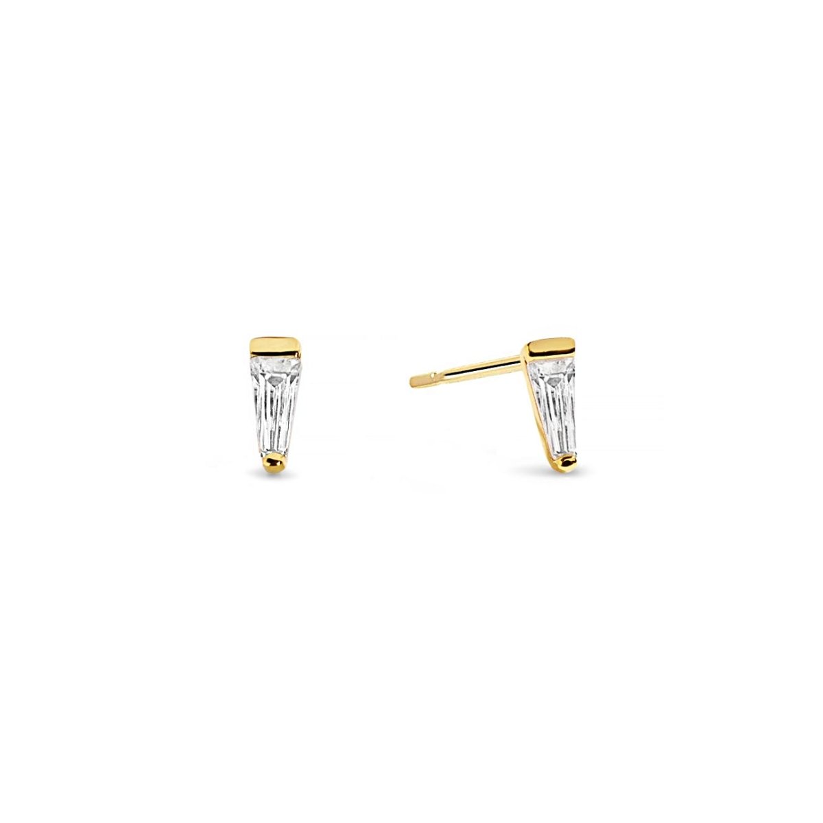Gold vermeil tapered baguette studs with clear white zirconia stones, on a white background