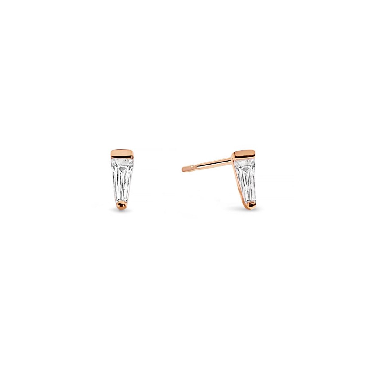 Rose gold vermeil tapered baguette studs with clear white zirconia stones, on a white background