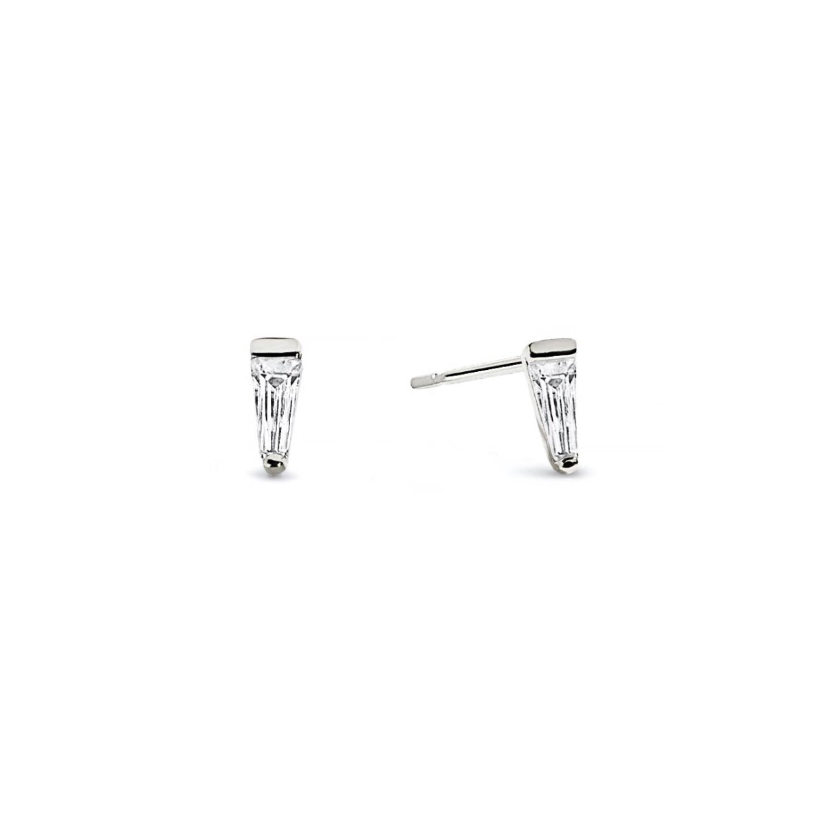 Sterling silver tapered baguette studs with clear white zirconia stones, on a white background