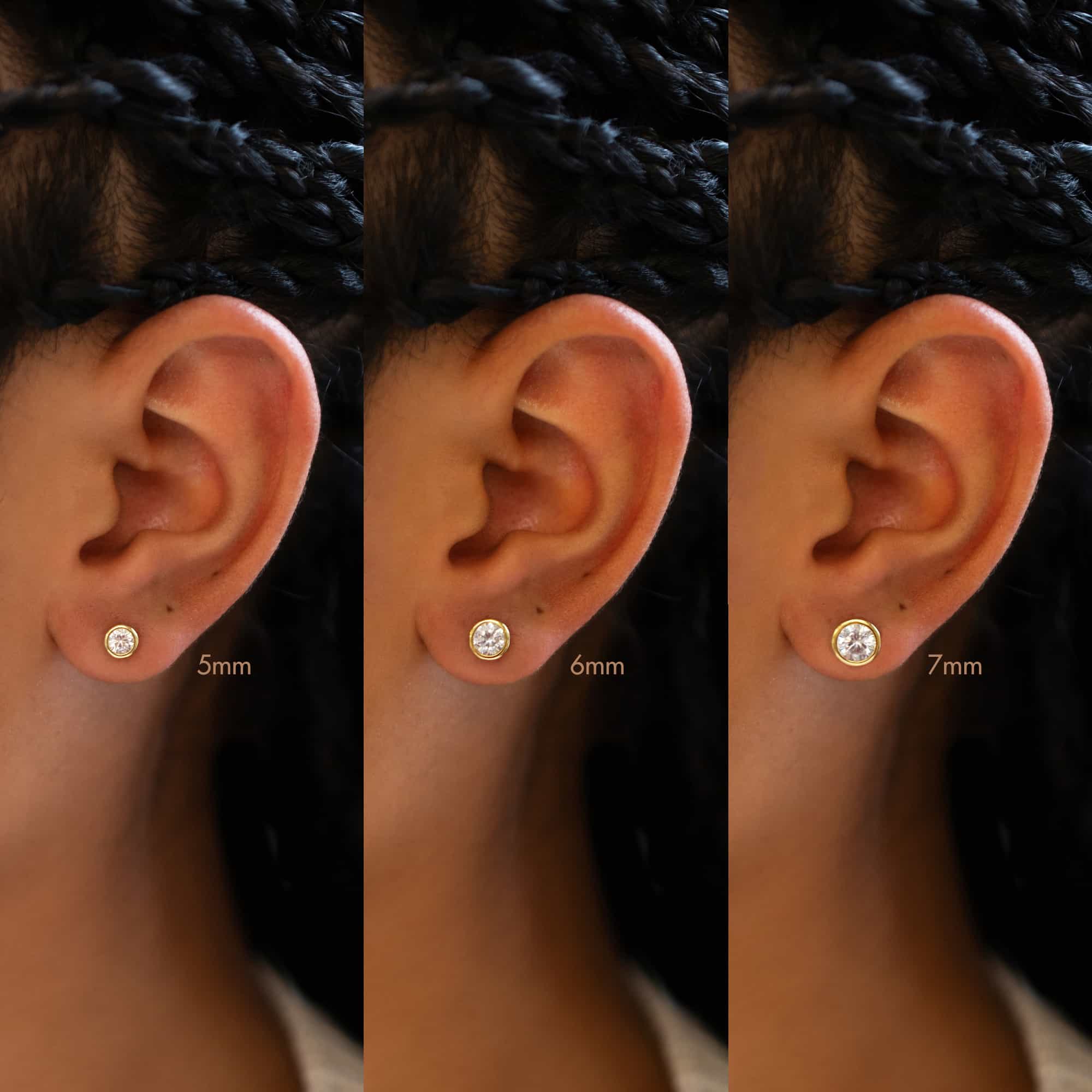 Rose gold vermeil bezel white zirconia studs on a model's ear in a millimeter size comparison