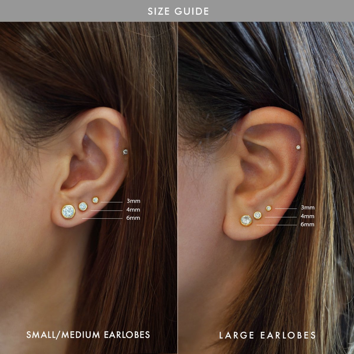 Gold vermeil white zirconia stud earrings size guide on small, medium, and large earlobes
