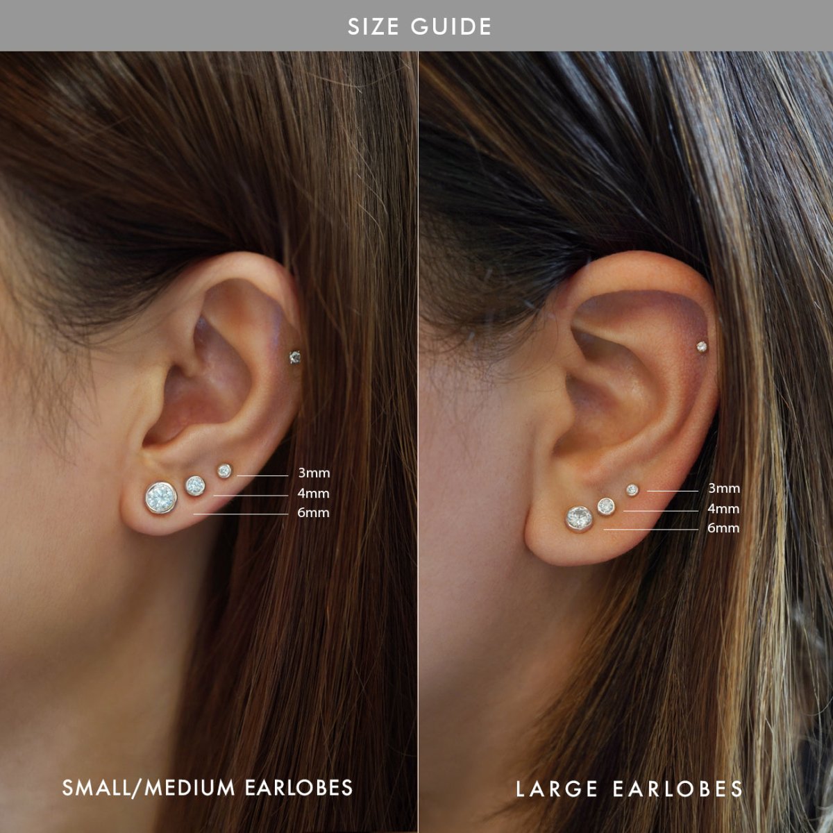Sterling silver bezel zirconia stud worn on a model's lobe beside a lightning-bolt stud