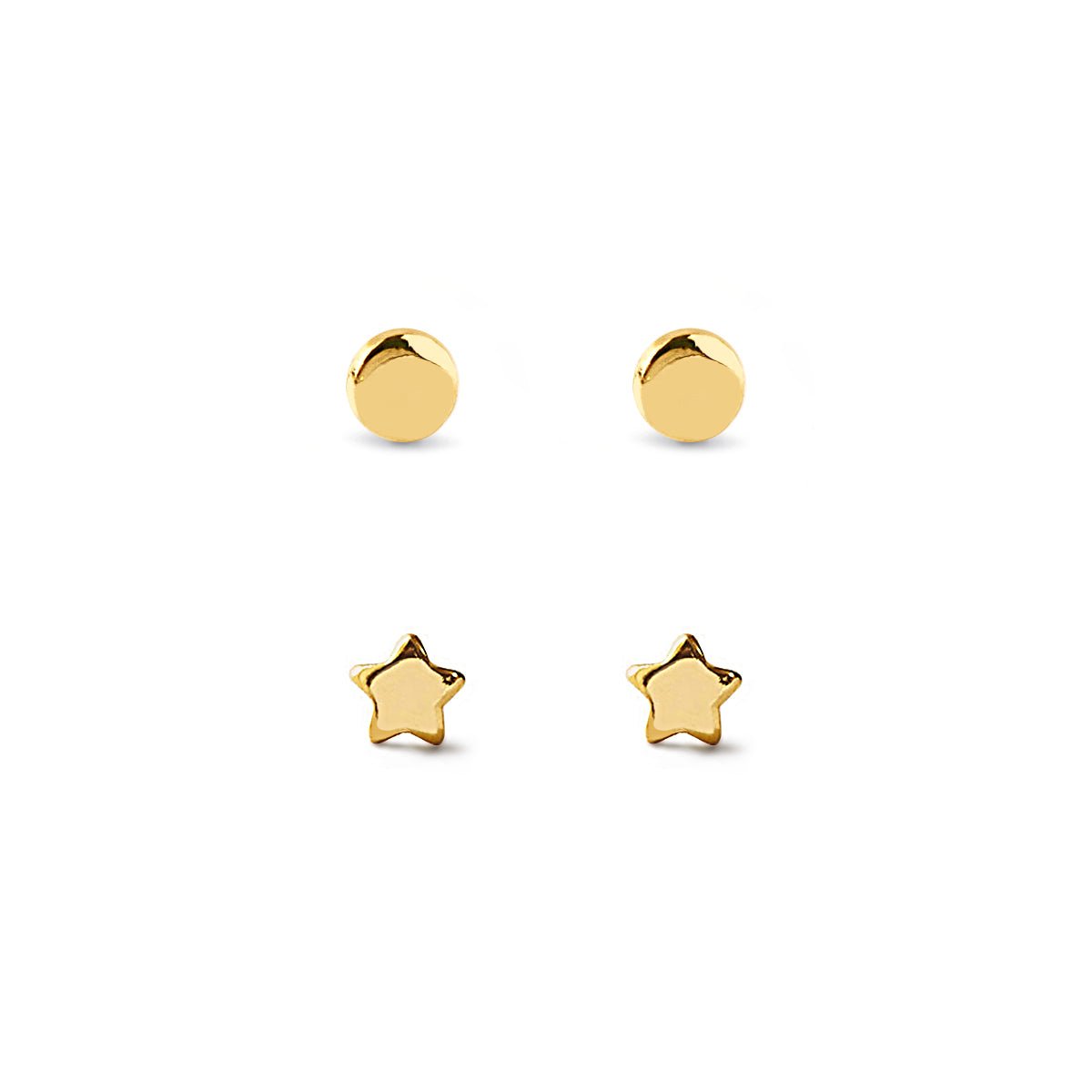 Gold vermeil tiny disc studs and tiny star studs set, on a white background