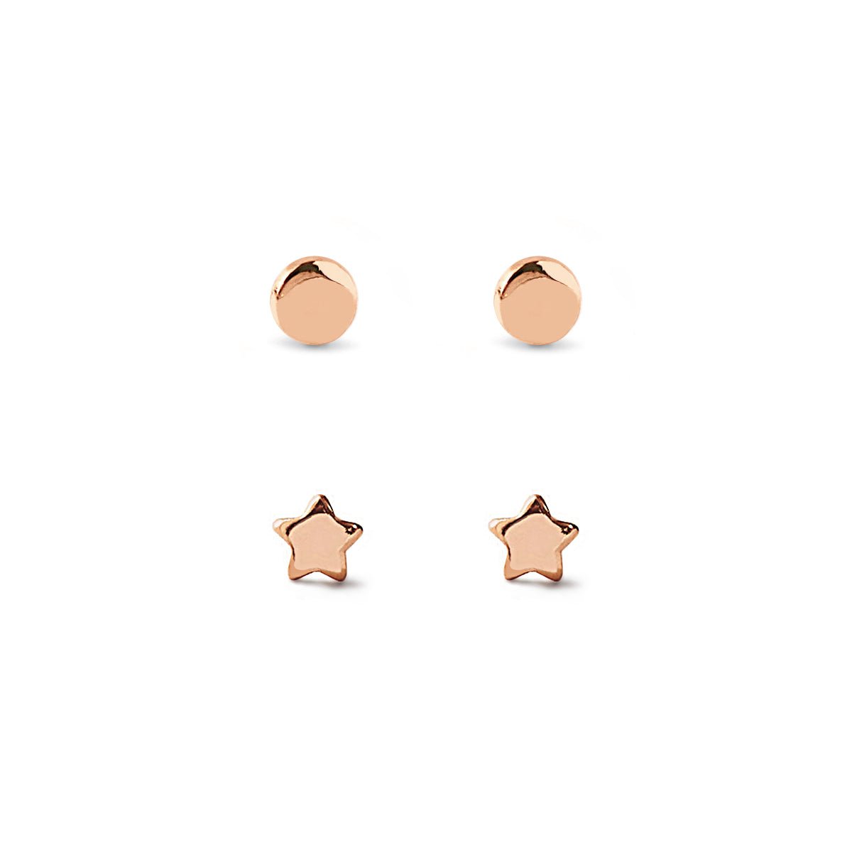 Rose gold vermeil tiny disc studs and tiny star studs set, on a white background