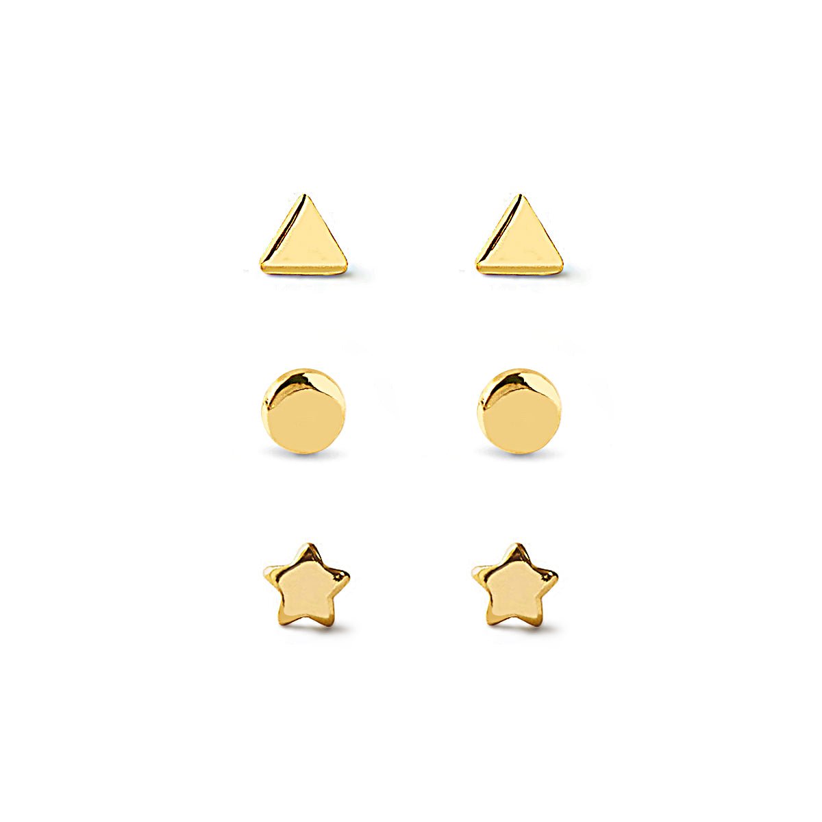 Gold vermeil tiny star, circle and triangle stud earring set, on a white background
