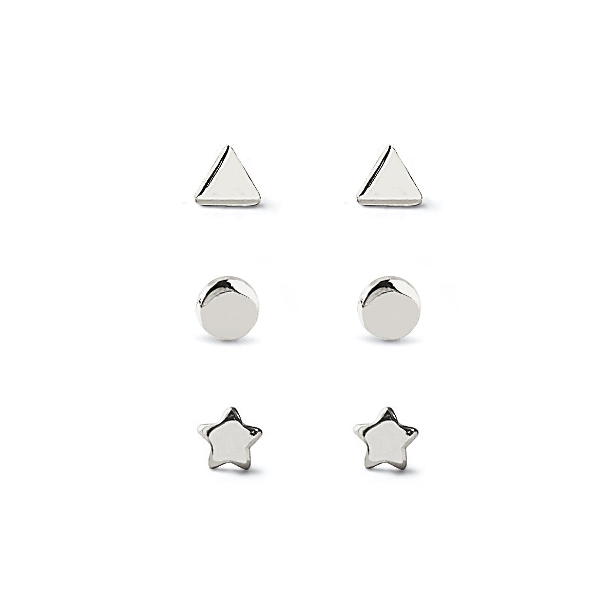 Sterling silver tiny star, circle and triangle stud earring set, on a white background