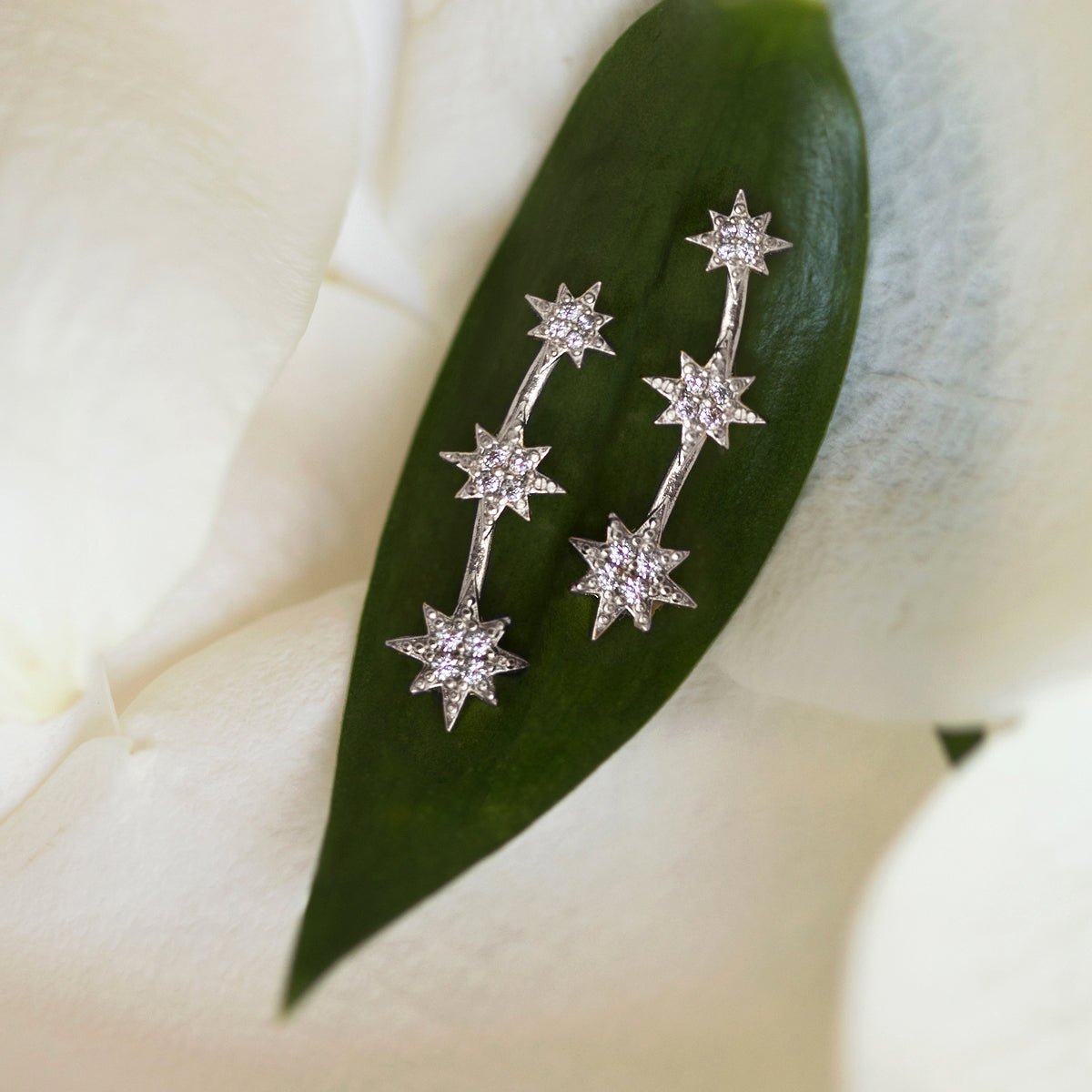 Sterling silver star ear climbers with white zirconia, arranged on a green leaf among cream petals