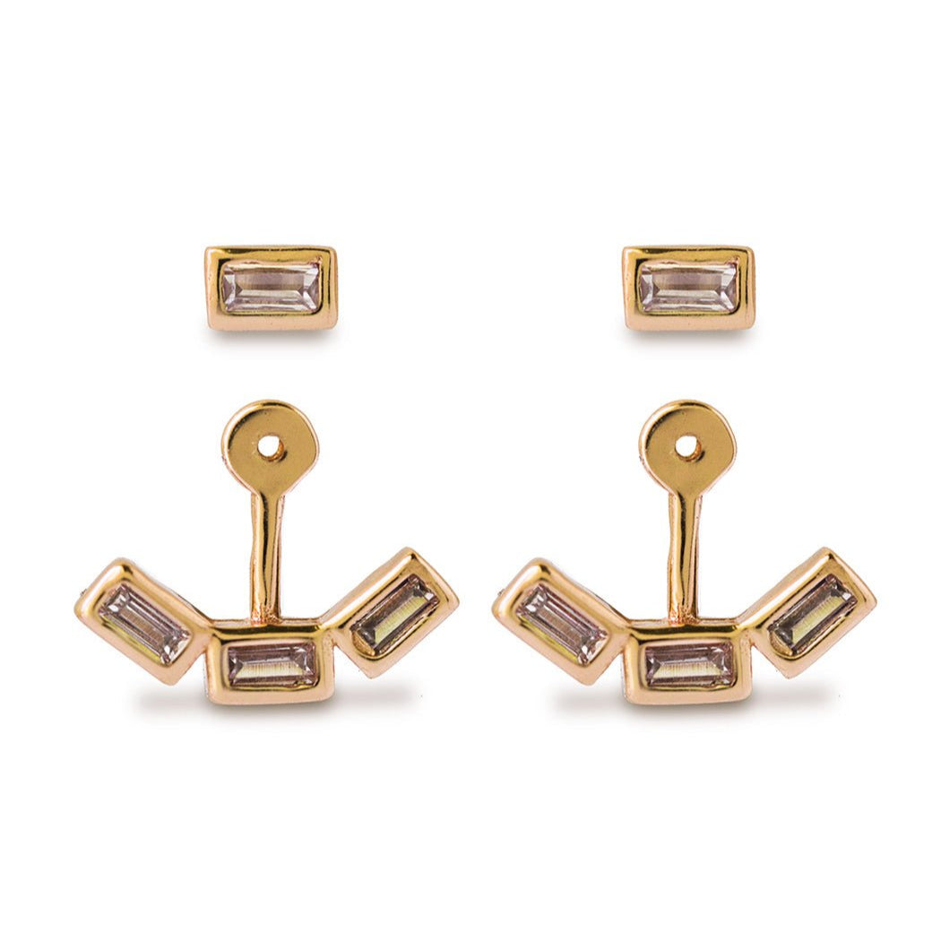 Gold vermeil baguette ear jacket, stud and curved jacket with clear stones, separated on a white background