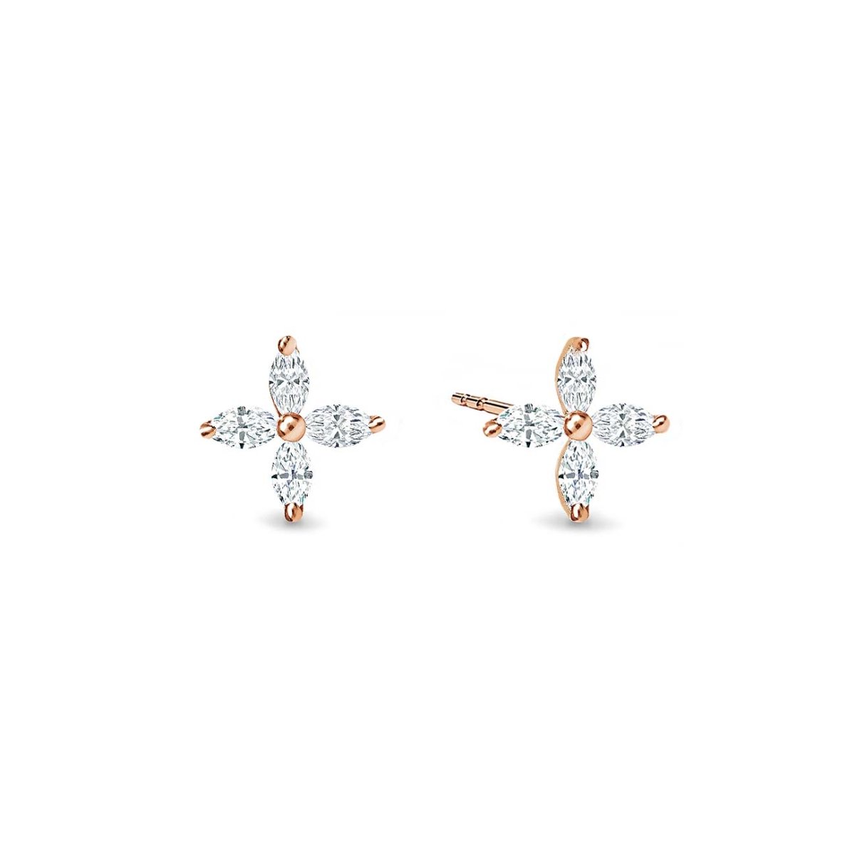 Rose gold vermeil four-petal flower studs with clear marquise crystals, on a white background