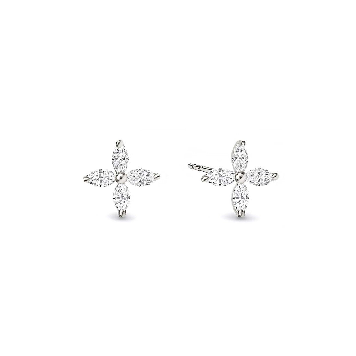 Sterling silver four-petal flower studs with clear marquise crystals, on a white background