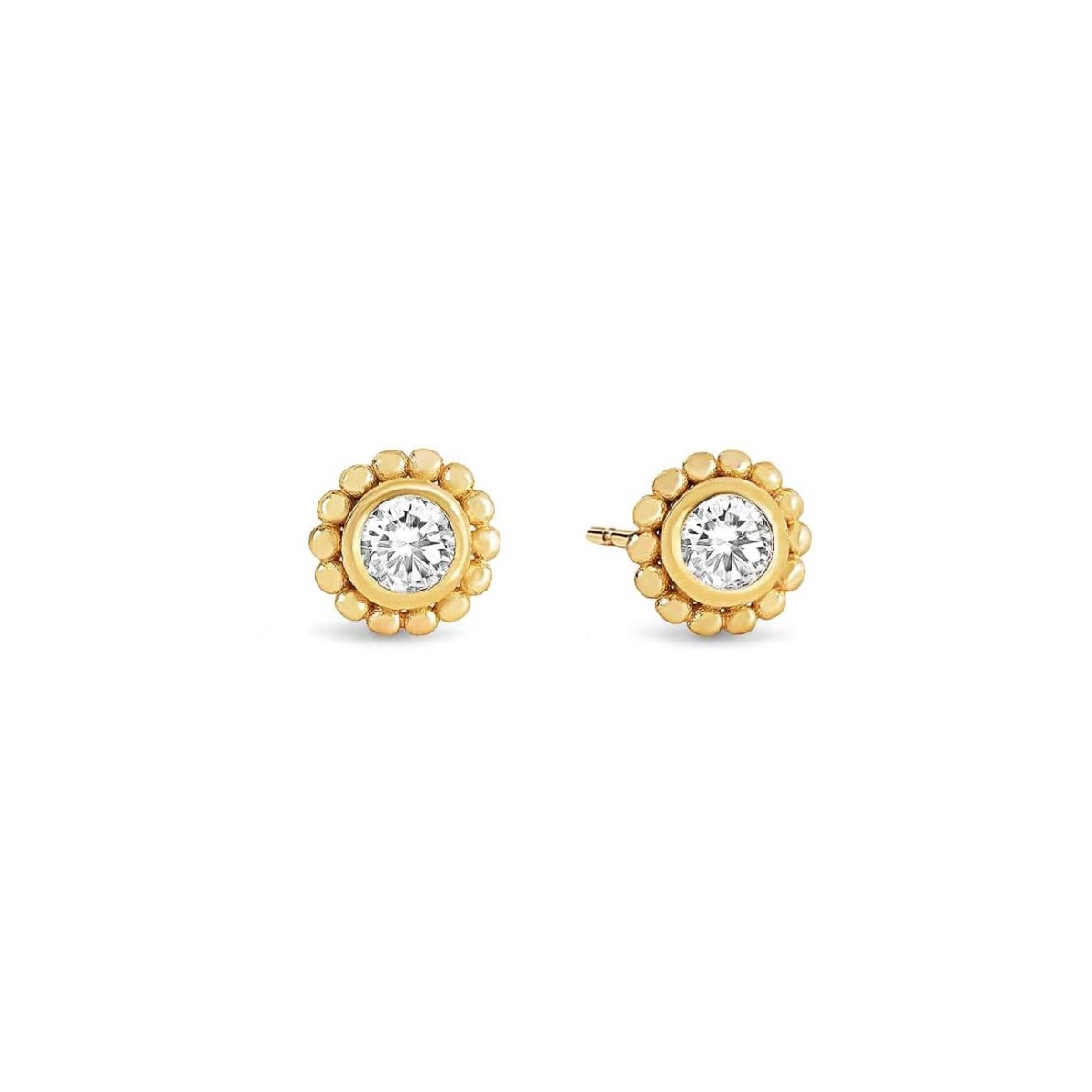 Pair of gold vermeil studs with a clear round crystal in a beaded halo, on a white background