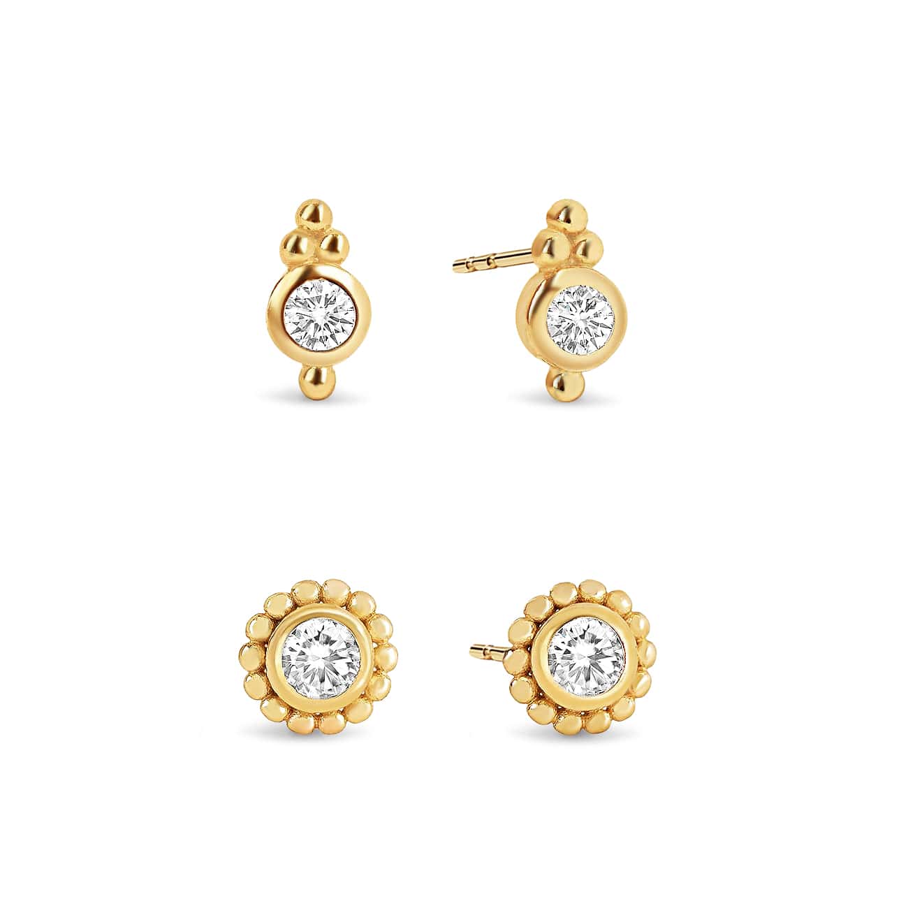 Gold vermeil beaded studs set with round clear stones, shown front and side on a white background