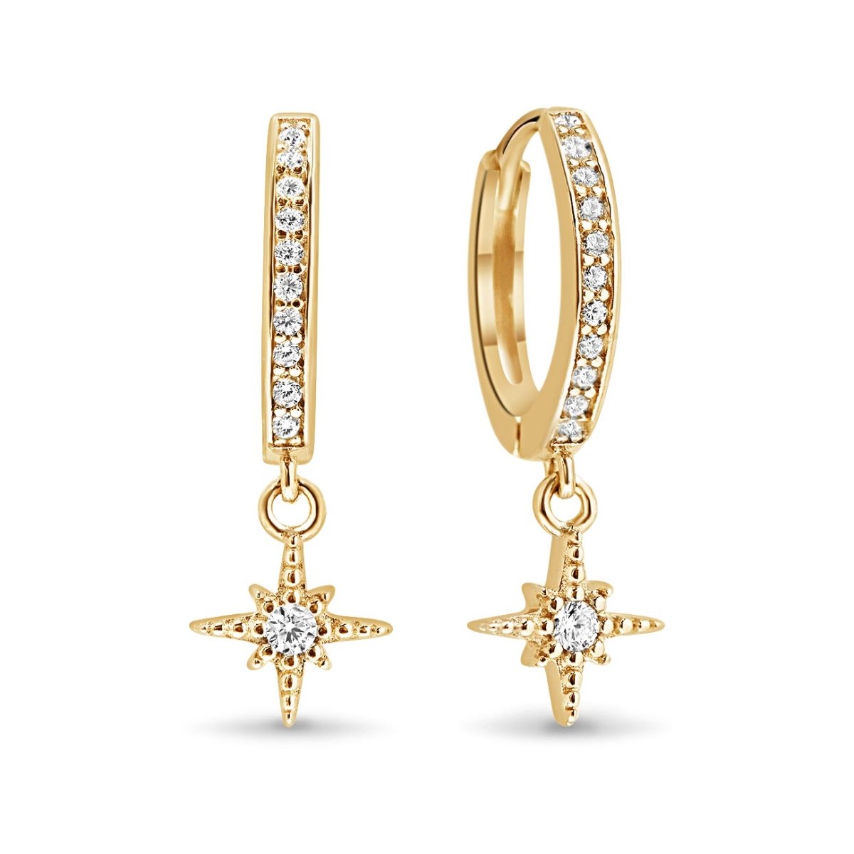 Gold vermeil pave huggie hoops with a single white zirconia mini starburst drop, on a white background