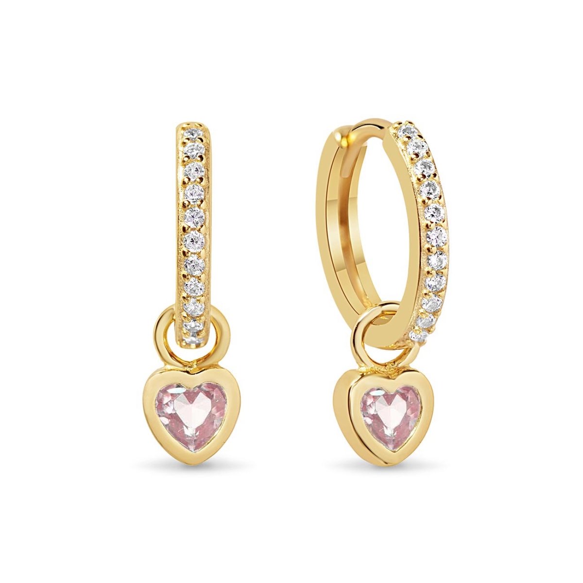 Gold vermeil pavé huggie hoops with pink heart charms, on a white background