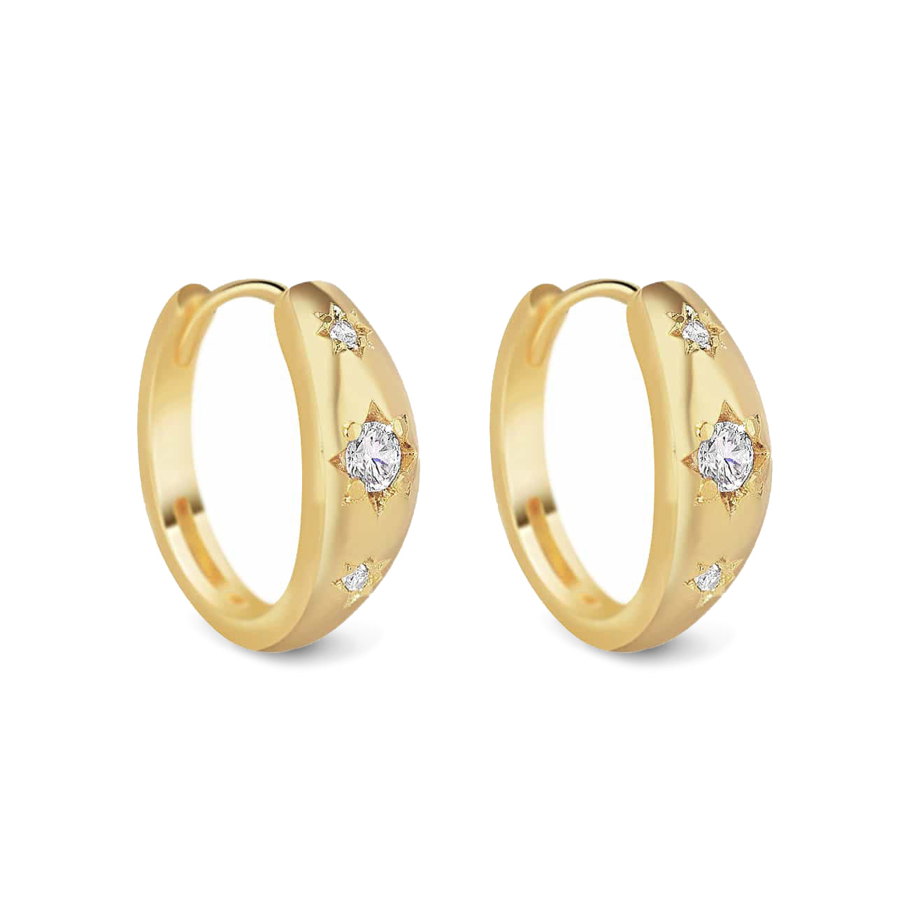 Gold vermeil dome huggie hoops with white zirconia star settings, on a white background