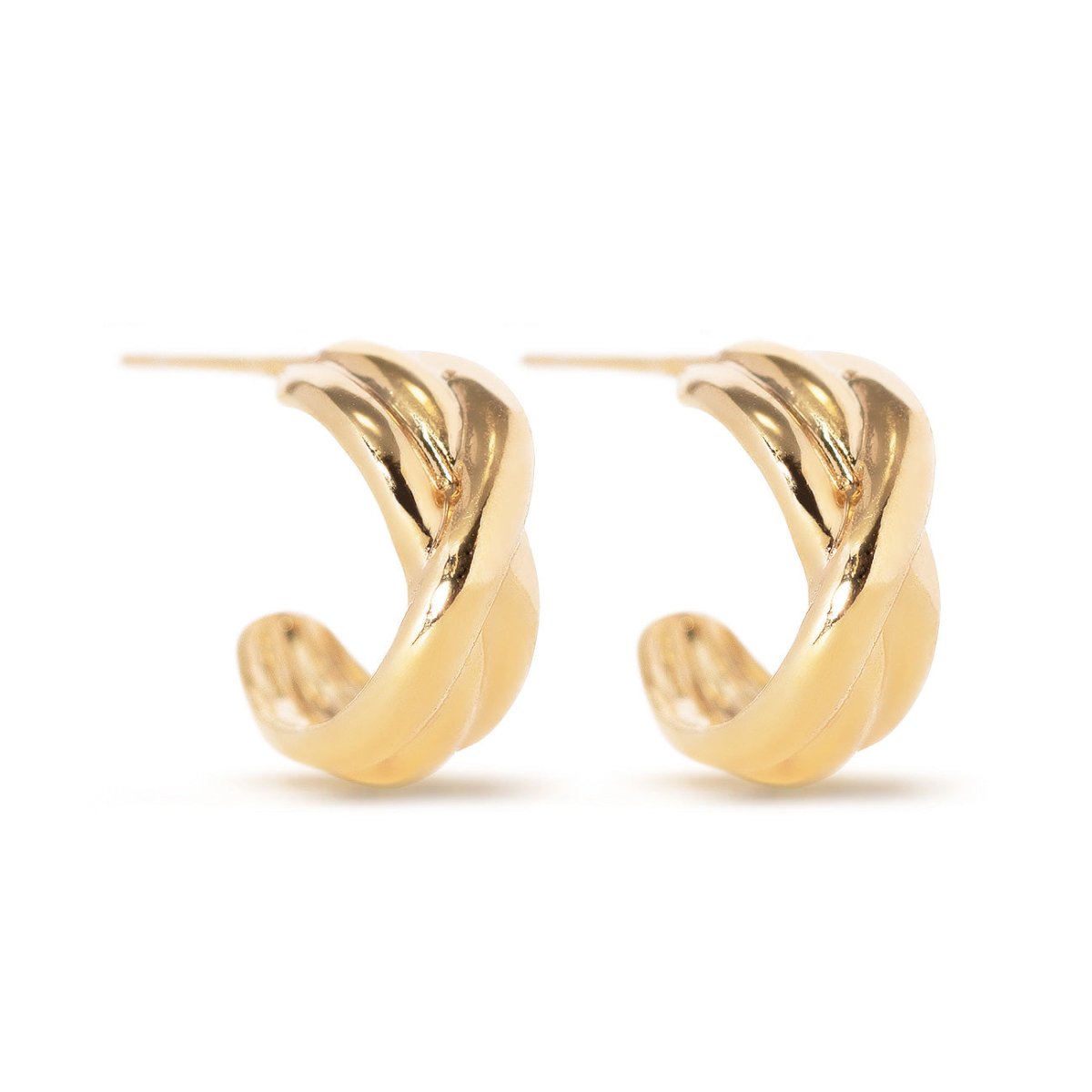 Pair of gold vermeil twisted criss-cross huggie hoops, on a white background