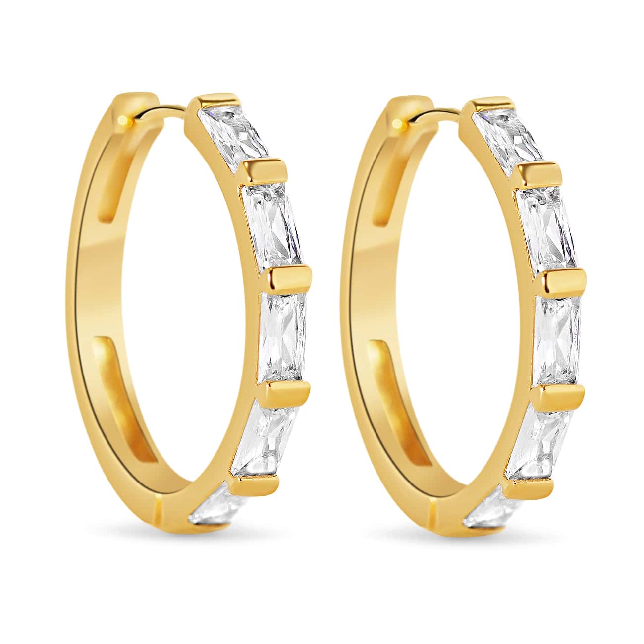 Gold vermeil baguette statement hoops with clear zirconia stones, on a white background
