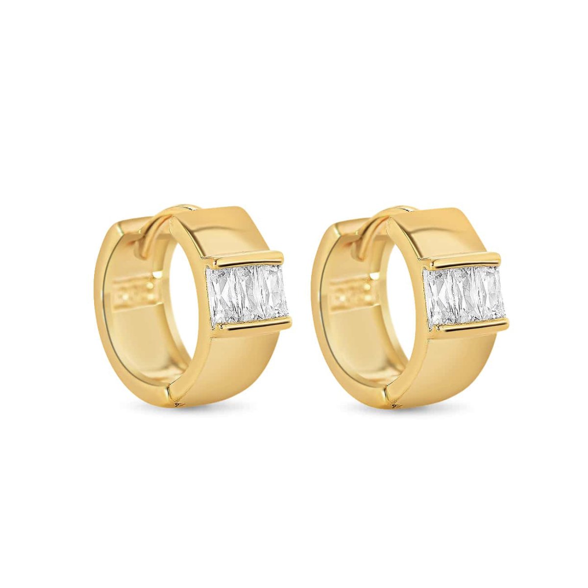 Gold vermeil wide huggie hoops with channel-set white zirconia baguettes, on a white background
