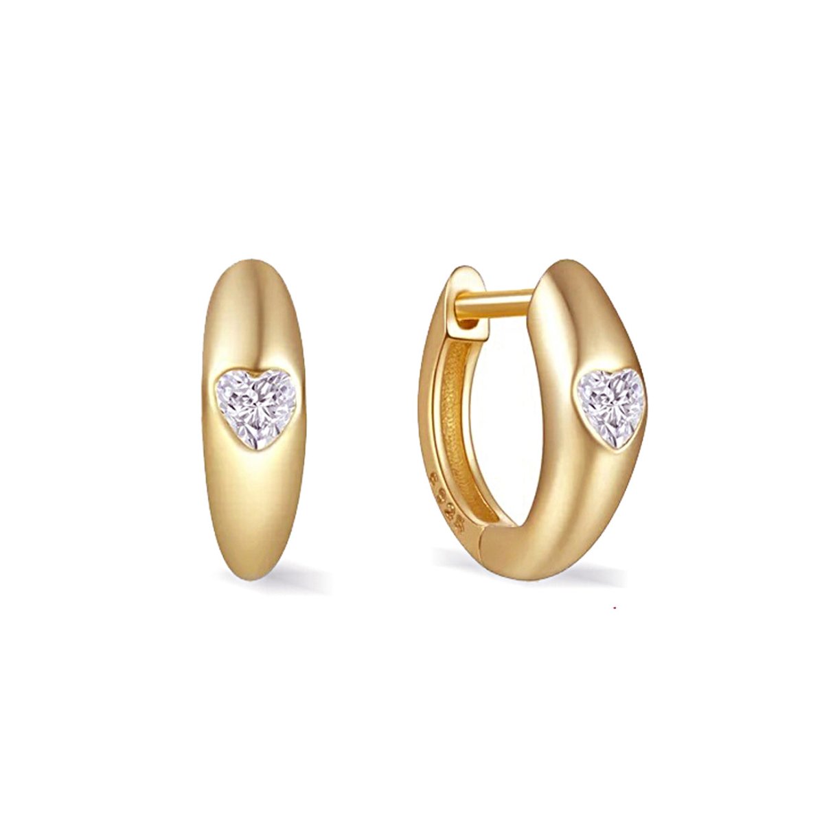 Pair of gold vermeil heart inlay huggie hoops set with a white zirconia heart, on a white background