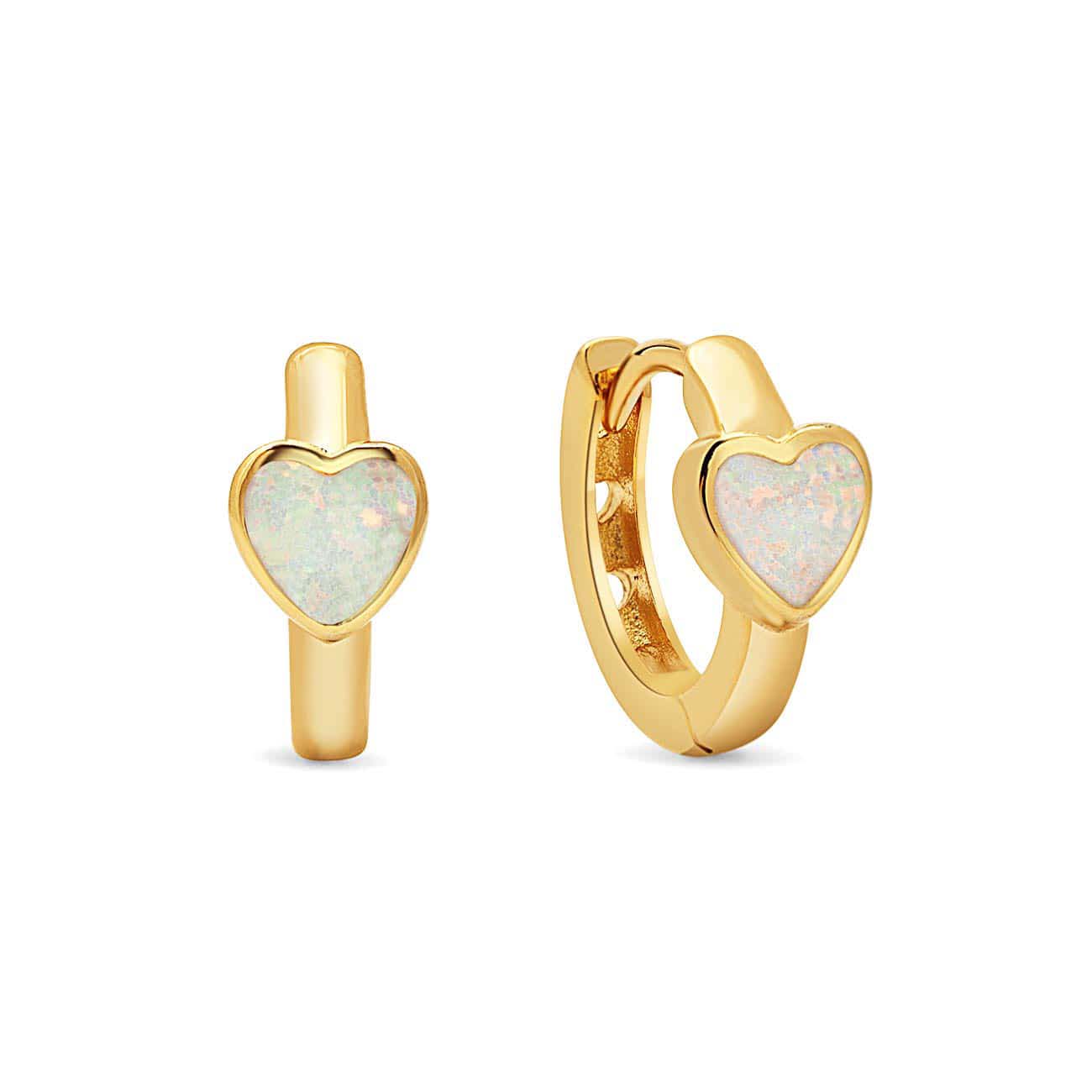 Gold vermeil huggie hoops with white opal heart inlays, on a white background