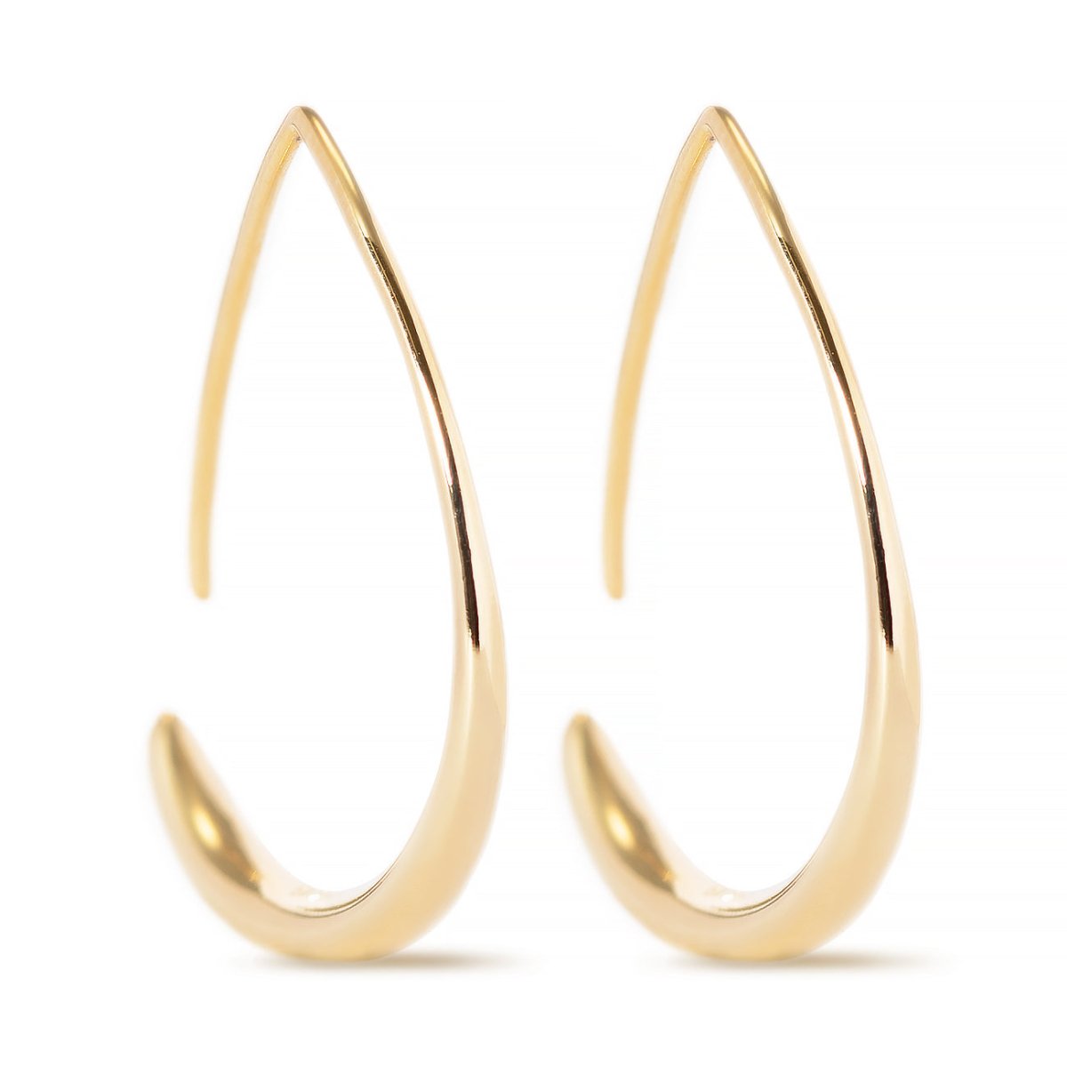 Gold vermeil teardrop-shaped open hoop earrings, shown as a pair on a white background