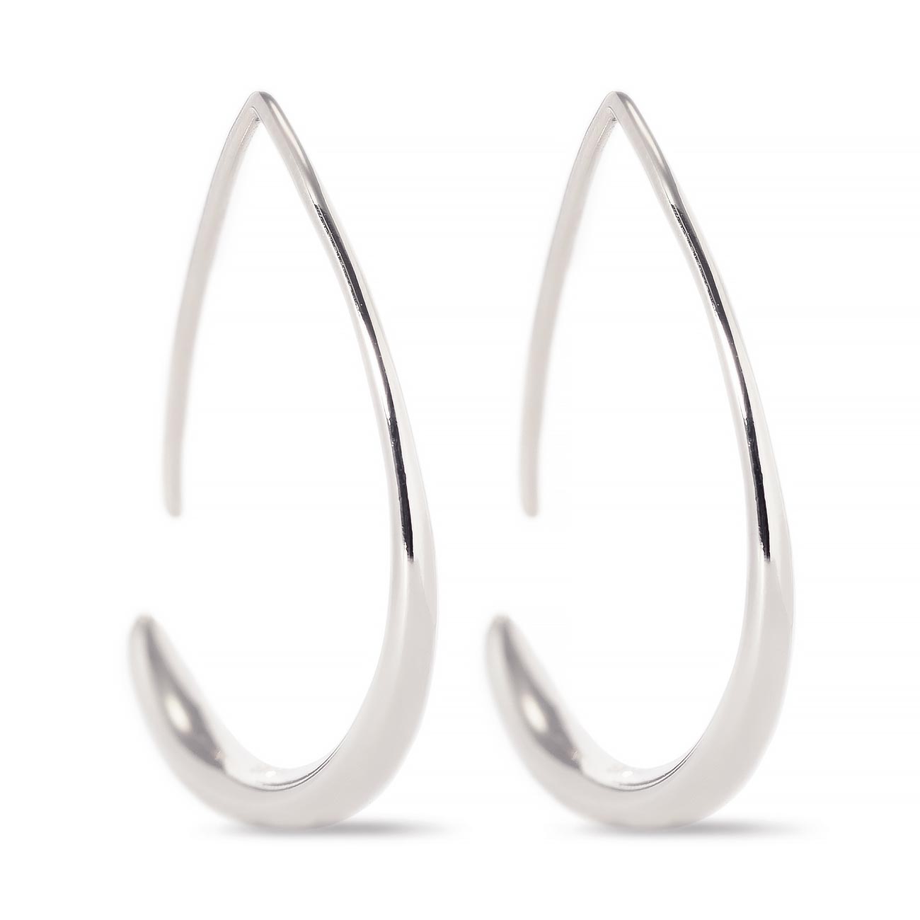 Sterling silver teardrop-shaped open hoop earrings, shown as a pair on a white background