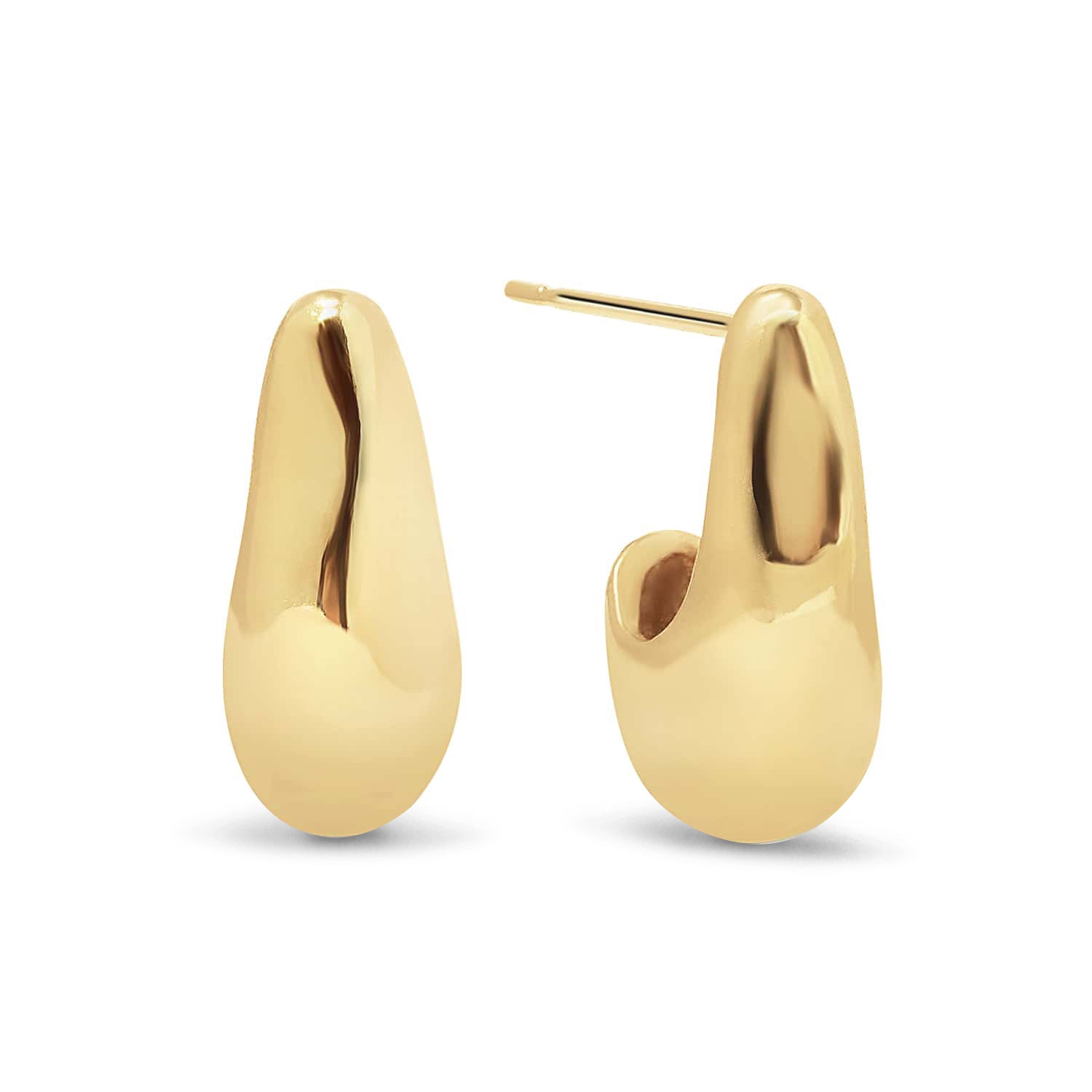 Gold vermeil sculptural teardrop drop earrings, close-up detail on a white background